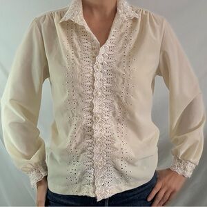 Vintage collared long sleeve eyelet blouse top cream cottage prairie regency